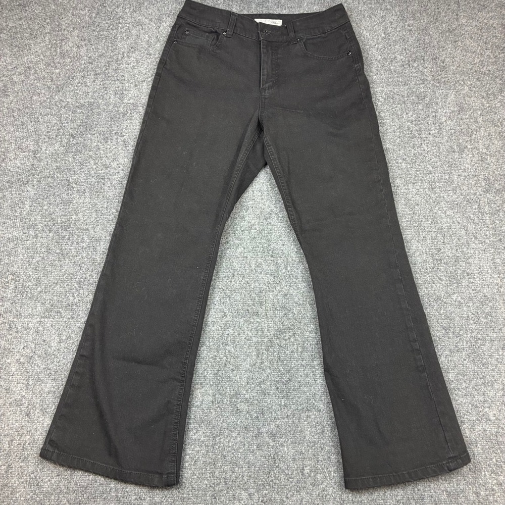 Chicos Platinum Black Denim Flare Jeans Size 0.5 Short 28x28 Stretch Embroidered